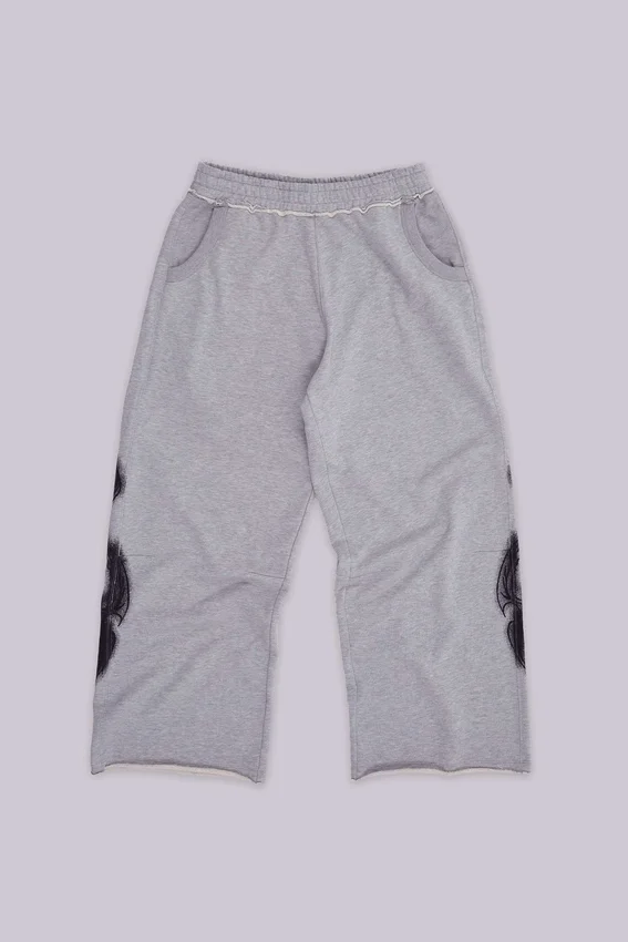 Grau melierte, weite Monster Joggers mit Gothic-Print