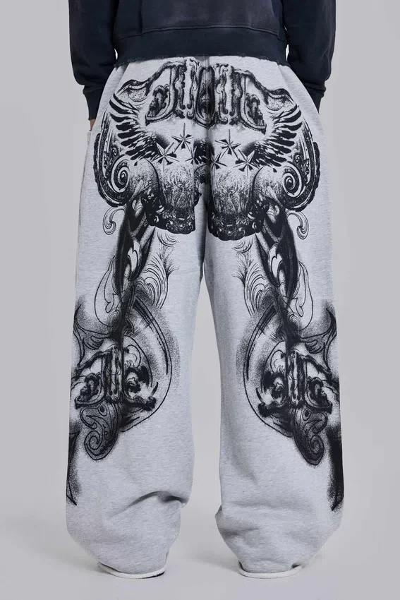 Grau melierte, weite Monster Joggers mit Gothic-Print