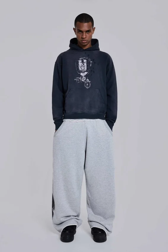 Grau melierte, weite Monster Joggers mit Gothic-Print