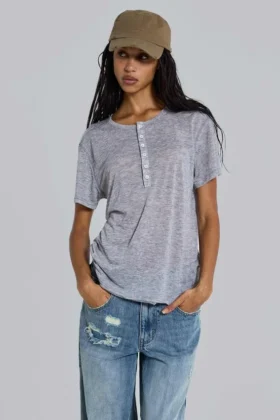 Grau meliertes „Haze“ Henley-T-Shirt