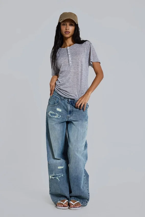 Grau meliertes „Haze“ Henley-T-Shirt