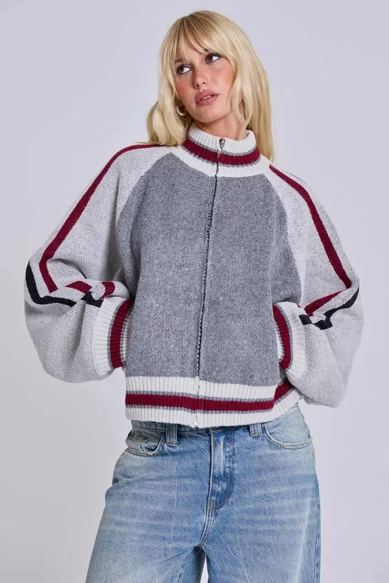 Graue Team 85 Strick-Bomberjacke
