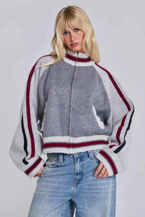 Graue Team 85 Strick-Bomberjacke
