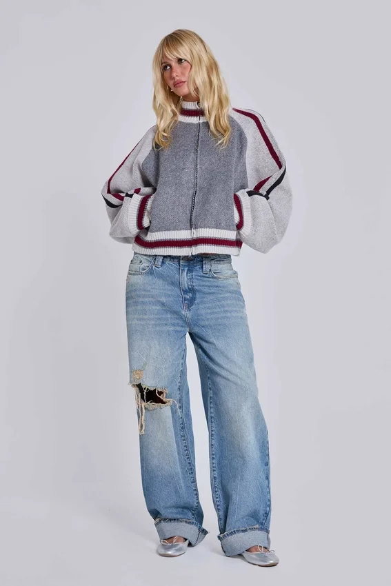 Graue Team 85 Strick-Bomberjacke