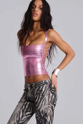 Idol Metallic-Bandage-Korsett-Oberteil in Rosa