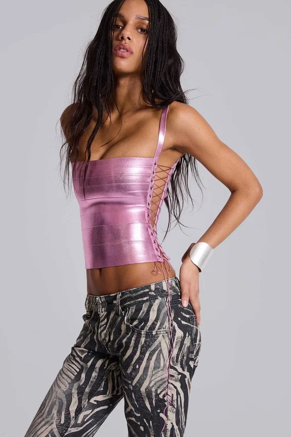 Idol Metallic-Bandage-Korsett-Oberteil in Rosa