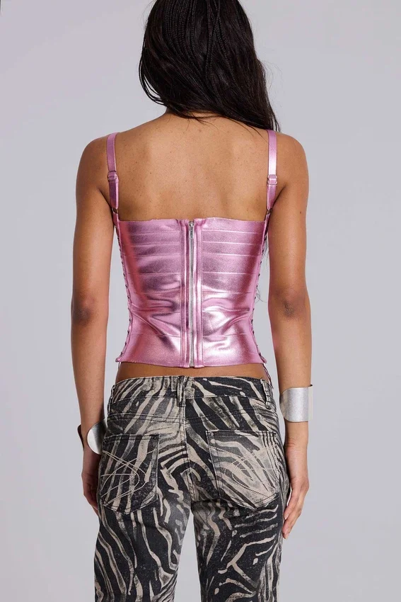 Idol Metallic-Bandage-Korsett-Oberteil in Rosa