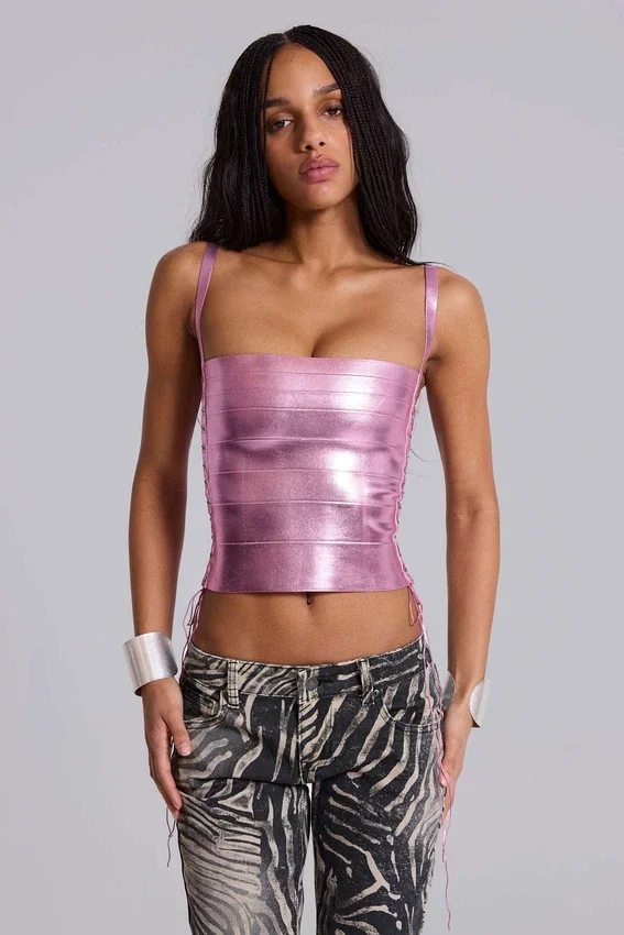 Idol Metallic-Bandage-Korsett-Oberteil in Rosa
