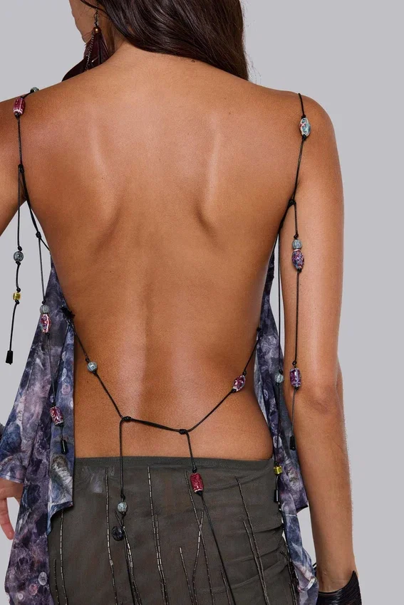 Kapli rückenfreies Chiffon-Oberteil mit perlenbesetzten Trägern