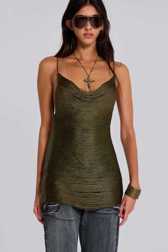 Lavinia rückenfreies Minikleid mit Fransen in Khaki