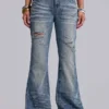 Mittelblaue, im Used-Look verarbeitete, geknitterte Drift-Flared-Jeans