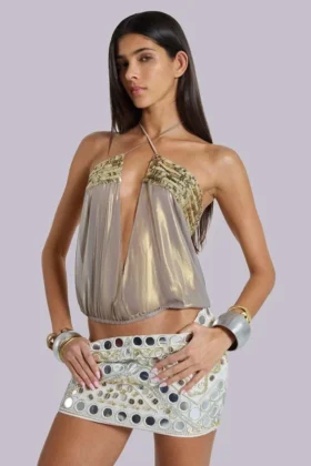 Morgana Metallic-Pailletten-Chiffon-Oberteil