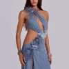 Noctelle-Maxikleid mit Cut-outs und Federn