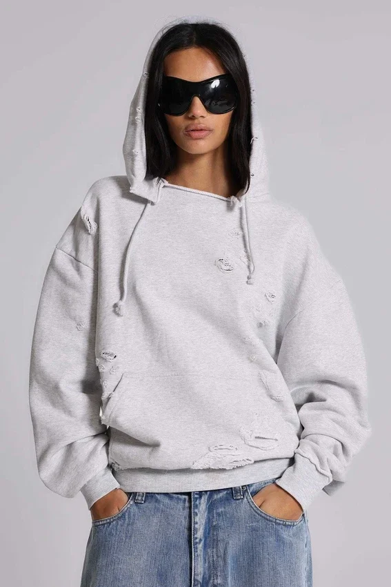 Pullover Bitten Hoodie in Grau meliert