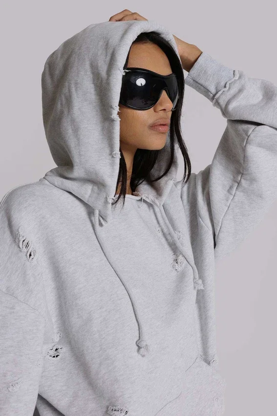 Pullover Bitten Hoodie in Grau meliert