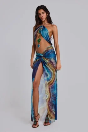 Quartz-Maxikleid mit Neckholder und Kristallen