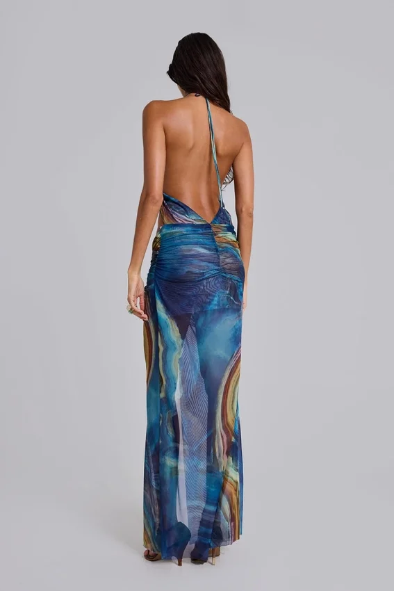 Quartz-Maxikleid mit Neckholder und Kristallen