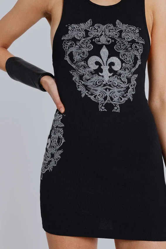 Rock Revival Mini-Kleid im Westen-Stil mit Strass-Fleur-de-Lis-Motiv