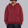 Roter, sonnenverblasster Hoodie mit Reißverschluss und Waffelpiqué-Futter