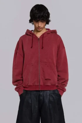 Roter, sonnenverblasster Hoodie mit Reißverschluss und Waffelpiqué-Futter