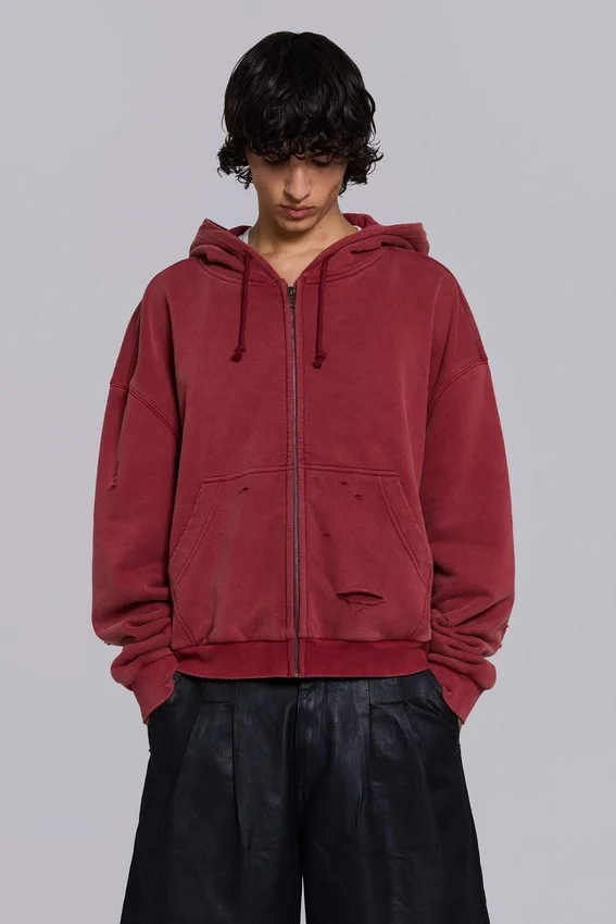 Roter, sonnenverblasster Hoodie mit Reißverschluss und Waffelpiqué-Futter