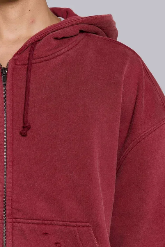 Roter, sonnenverblasster Hoodie mit Reißverschluss und Waffelpiqué-Futter