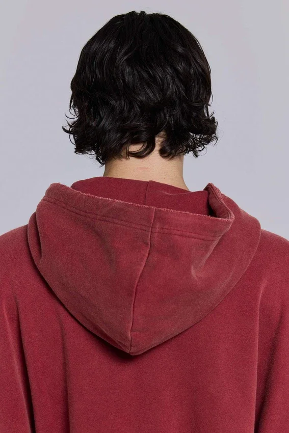 Roter, sonnenverblasster Hoodie mit Reißverschluss und Waffelpiqué-Futter