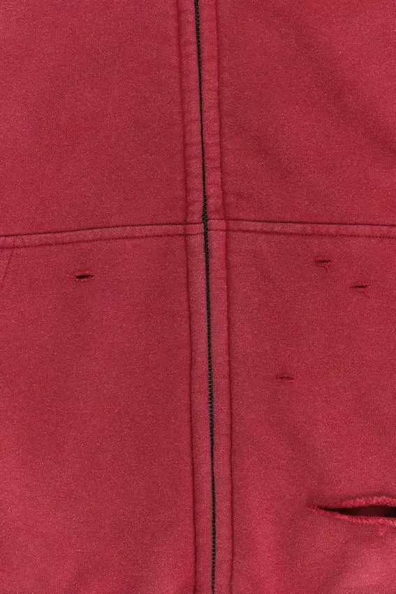 Roter, sonnenverblasster Hoodie mit Reißverschluss und Waffelpiqué-Futter