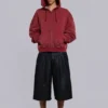 Roter, sonnenverblasster Hoodie mit Reißverschluss und Waffelpiqué-Futter