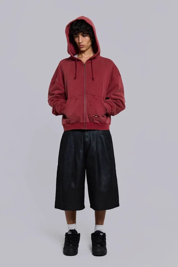 Roter, sonnenverblasster Hoodie mit Reißverschluss und Waffelpiqué-Futter