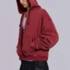 Roter, sonnenverblasster Hoodie mit Reißverschluss und Waffelpiqué-Futter
