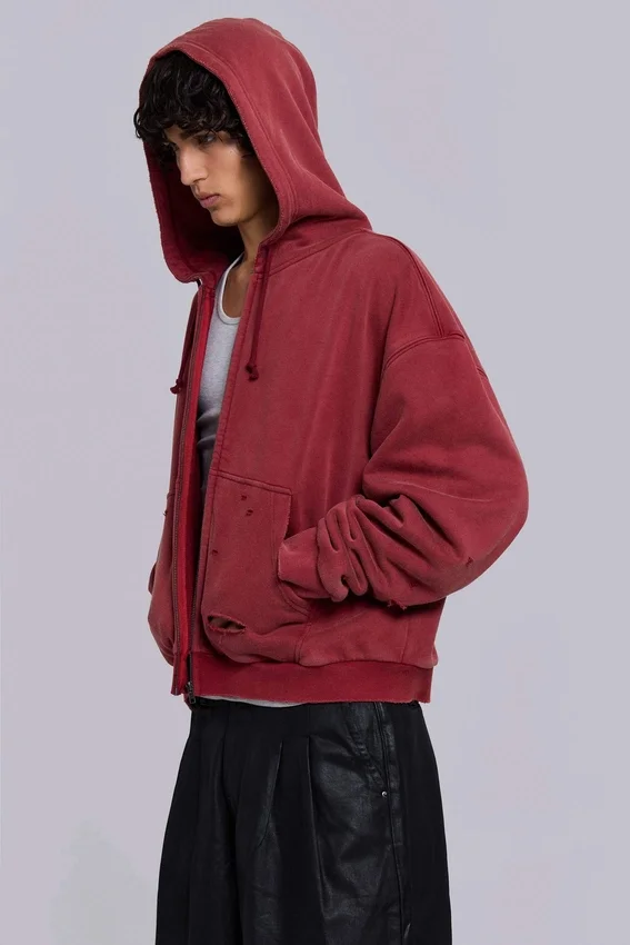 Roter, sonnenverblasster Hoodie mit Reißverschluss und Waffelpiqué-Futter