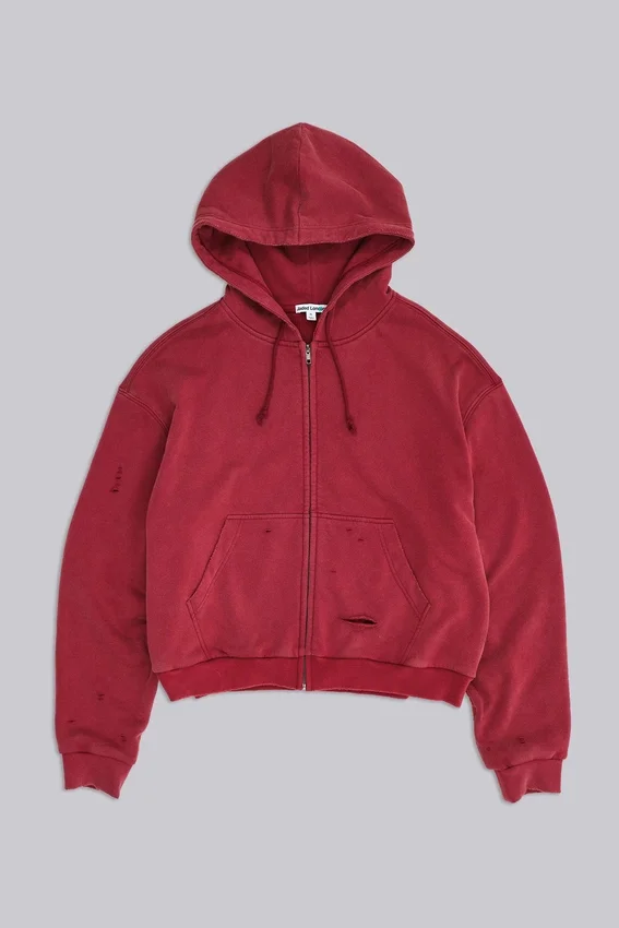 Roter, sonnenverblasster Hoodie mit Reißverschluss und Waffelpiqué-Futter