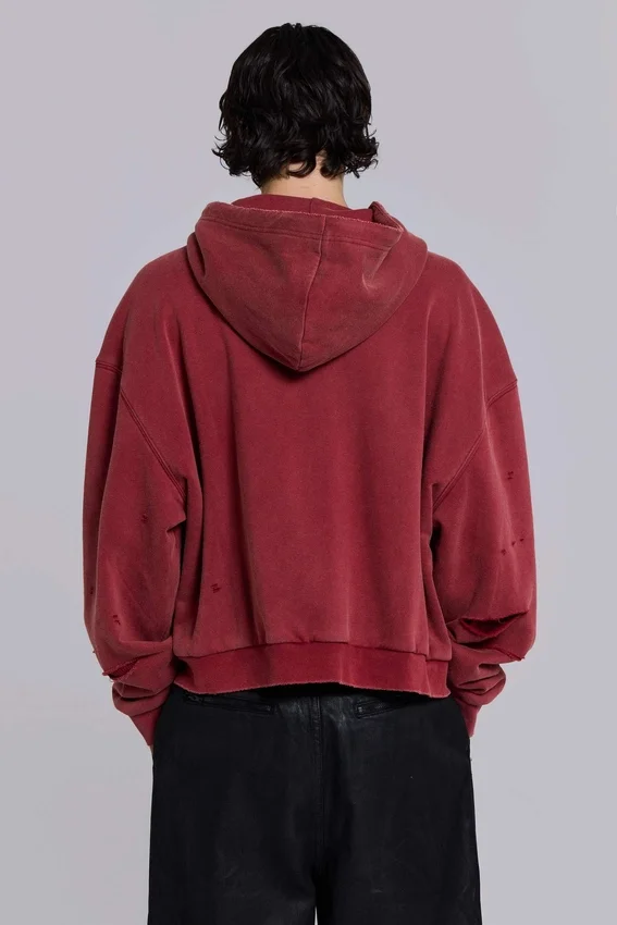 Roter, sonnenverblasster Hoodie mit Reißverschluss und Waffelpiqué-Futter
