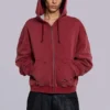 Roter, sonnenverblasster Hoodie mit Reißverschluss und Waffelpiqué-Futter