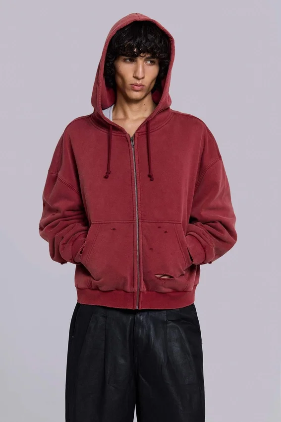 Roter, sonnenverblasster Hoodie mit Reißverschluss und Waffelpiqué-Futter