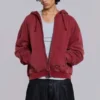 Roter, sonnenverblasster Hoodie mit Reißverschluss und Waffelpiqué-Futter
