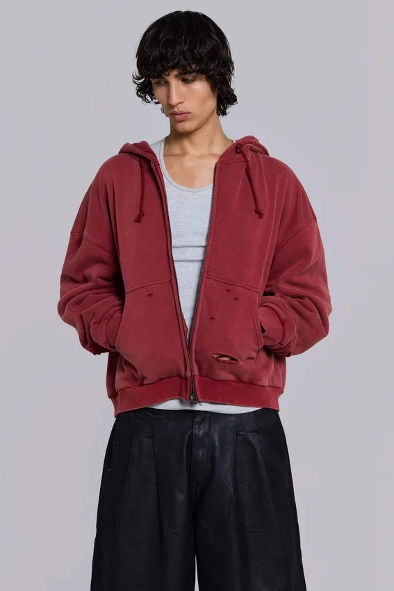 Roter, sonnenverblasster Hoodie mit Reißverschluss und Waffelpiqué-Futter