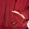 Roter, sonnenverblasster Hoodie mit Reißverschluss und Waffelpiqué-Futter