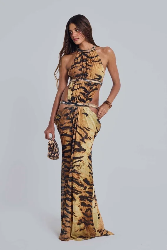 Saffra Cut-Out-Maxikleid mit Tigerprint
