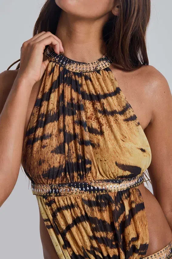 Saffra Cut-Out-Maxikleid mit Tigerprint
