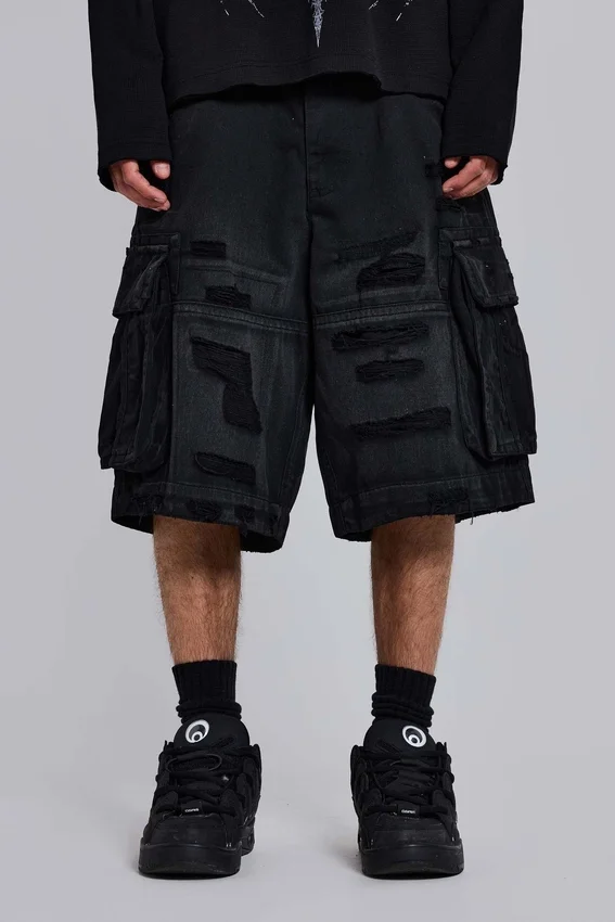 Schwarze Beach-Cargo-Shorts im Distressed-Look