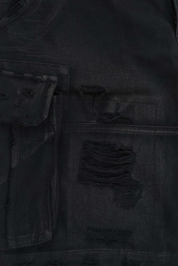Schwarze Beach-Cargo-Shorts im Distressed-Look