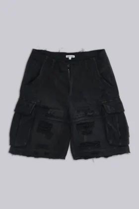 Schwarze Beach-Cargo-Shorts im Distressed-Look