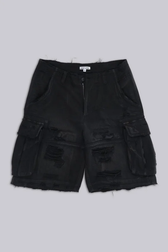 Schwarze Beach-Cargo-Shorts im Distressed-Look