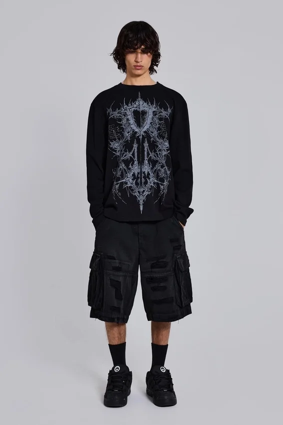 Schwarze Beach-Cargo-Shorts im Distressed-Look
