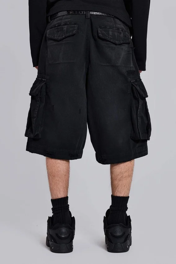 Schwarze Beach-Cargo-Shorts im Distressed-Look