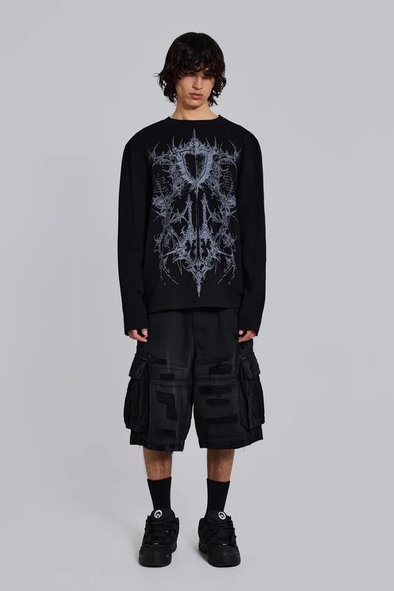 Schwarze Beach-Cargo-Shorts im Distressed-Look