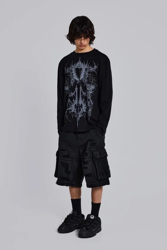 Schwarze Beach-Cargo-Shorts im Distressed-Look