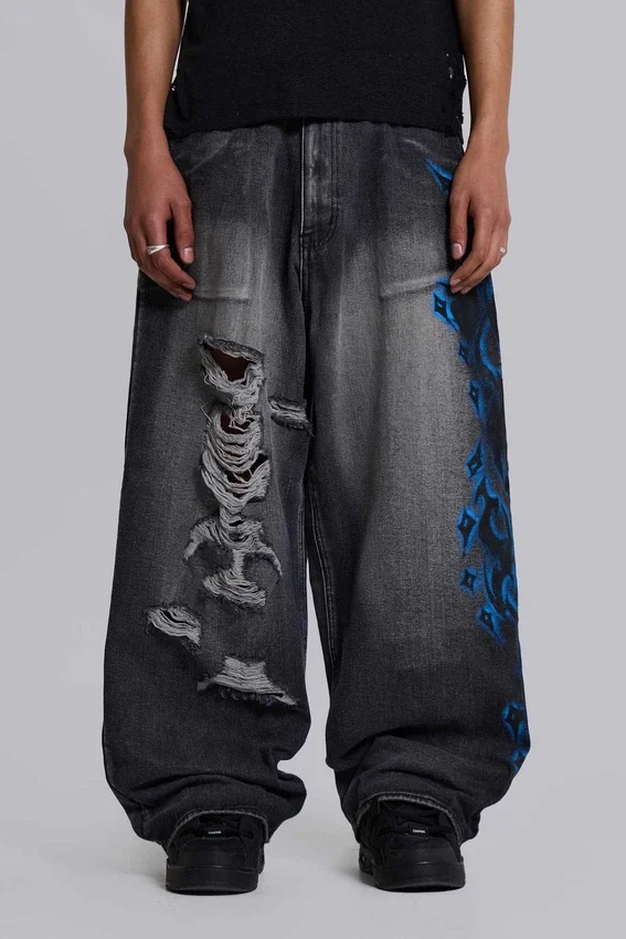 Schwarze Spike Airbrush XL Colossus Jeans mit Rissen